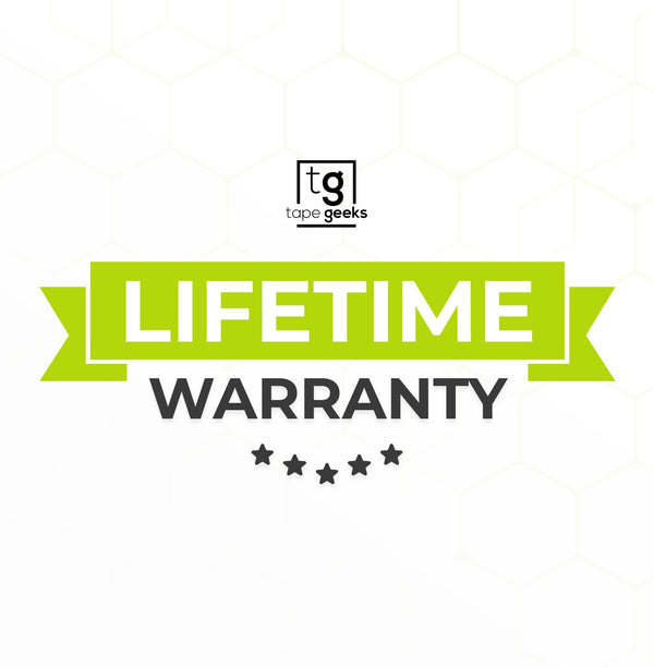 Lifetime warranty badge for TapeGeeks kinesiology tape scissors, highlighting durable Japanese stainless steel construction and long-term product reliability.
