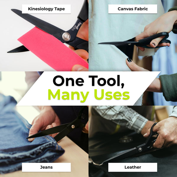 TapeGeeks kinesiology tape scissors cutting multiple materials—including kinesiology tape, canvas fabric, denim jeans, and leather—demonstrating their multi-purpose versatility.