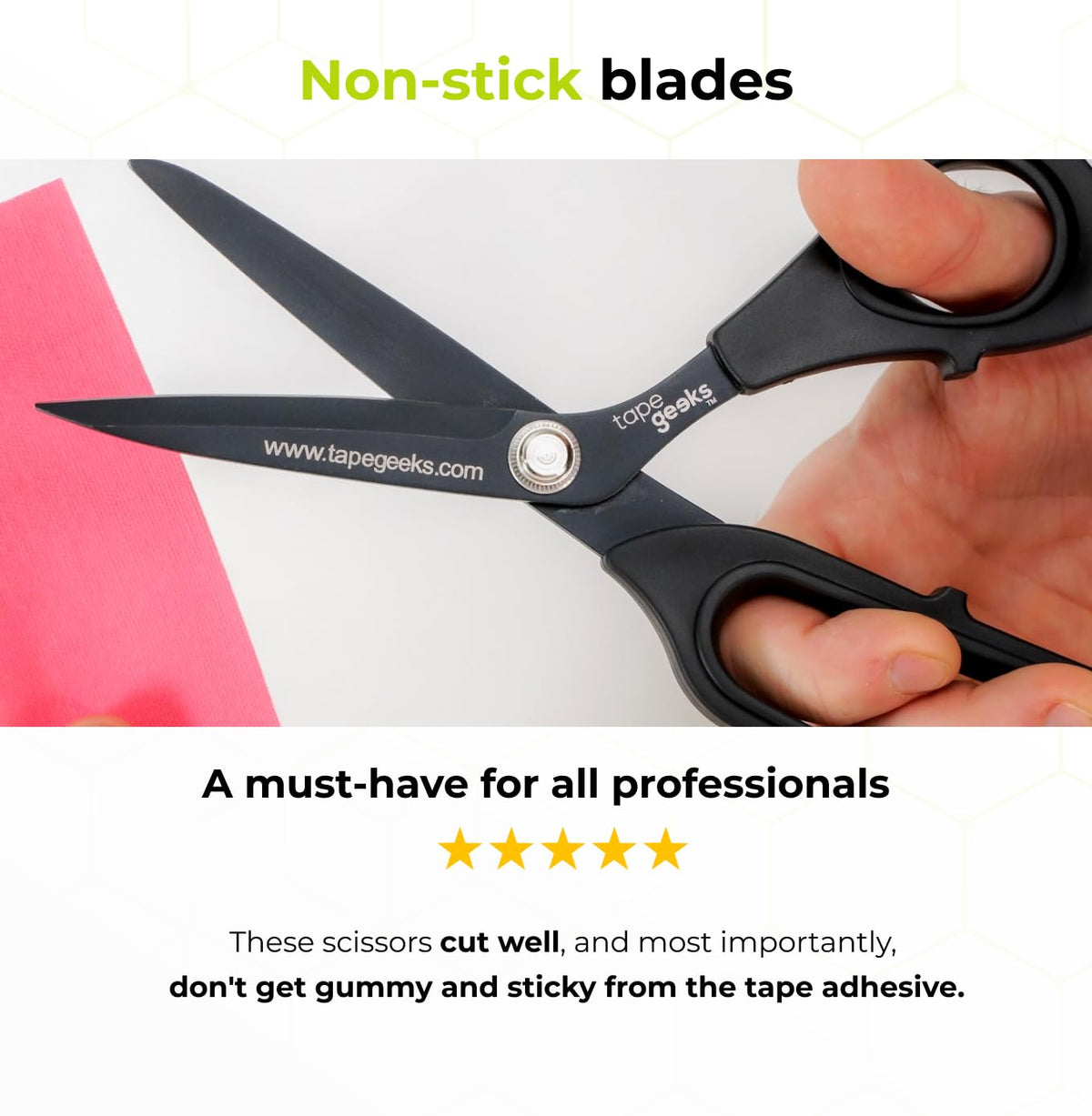 Close-up of TapeGeeks kinesiology tape scissors with non-stick fluorine-resin coated blades cutting bright pink kinesiology tape, highlighting smooth adhesive-free performance.

