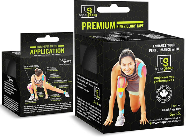 TapeGeeks premium precut kinesiology tape packaging, 2-inch black roll, shows box front and back for full product details.