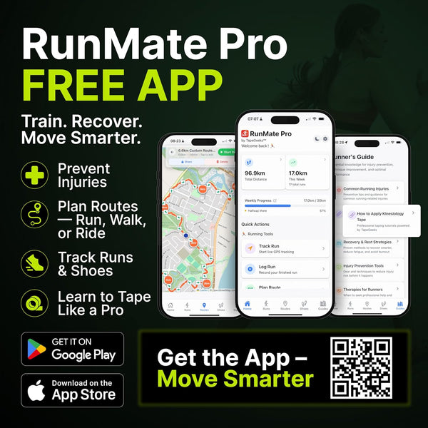 RunMate Pro app by TapeGeeks for injury prevention, tape guidance, run tracking, and recovery planning.