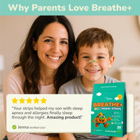 Mother and son smiling while child wears TapeGeeks Breathe+ Kids Nasal Strip, showing drug-free congestion relief and improved sleep for children ages 5+.