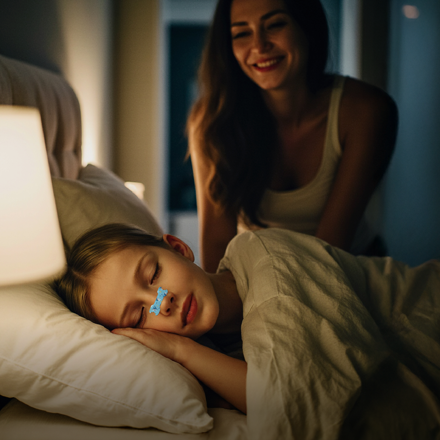 Child sleeping peacefully wearing TG Kids Nasal Strip for congestion relief