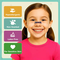 Smiling girl wearing TapeGeeks Kids Nasal Strip beside icons for hypoallergenic, non-scented, latex-free, and sensitive-skin-friendly features.