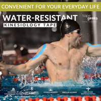 Male swimmer wearing blue TapeGeeks kinesiology tape on his arms to show water-resistant support during swimming and water activity.