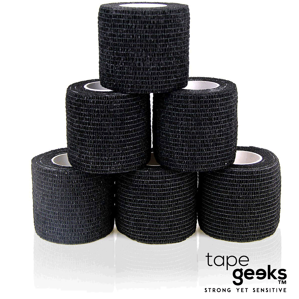 Black TapeGeeks cohesive bandage rolls arranged in a pyramid, showing the breathable, skin-friendly wrap for secure compression and athletic injury protection.

