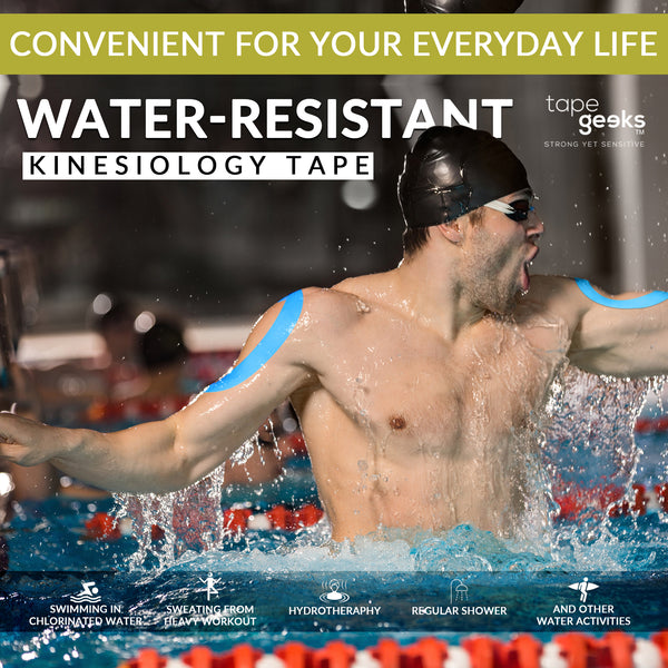 Male swimmer wearing blue TapeGeeks kinesiology tape on his arms to show water-resistant support during swimming and water activity.